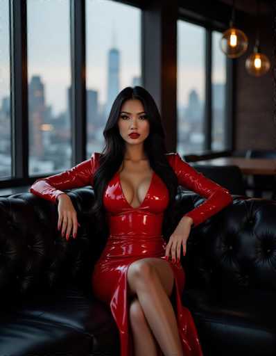 A striking Asian woman in a glossy red latex dress dominates the frame, seated on a black leather couch in a stylish urban loft. The image features dramatic chiaroscuro lighting, bokeh from hanging fixtures, and a sensual mood, showcasing a leather fetish aesthetic.