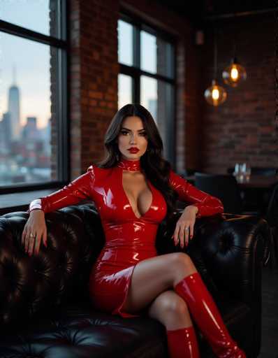 A woman in a vibrant red latex dress and matching boots sits on a black leather sofa in a modern loft. Large windows reveal a city skyline, while warm lighting highlights the glossy texture of her outfit and the rich details of the furniture. The image exudes a sensual, dramatic atmosphere with a shallow depth of field and bokeh effect.