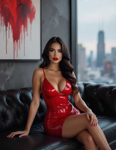 A confident woman in a red latex dress sits on a black leather sofa, gazing directly at the viewer. Behind her is an abstract painting and a cityscape view through a large window, bathed in soft ambient light. The art style is modern and glamorous.