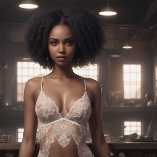 A woman with long curly hair wearing a white lace bra and panties stands confidently against the backdrop of an industrial warehouse. The lighting from above casts dramatic shadows on her face, highlighting her features as she gazes directly at the camera.