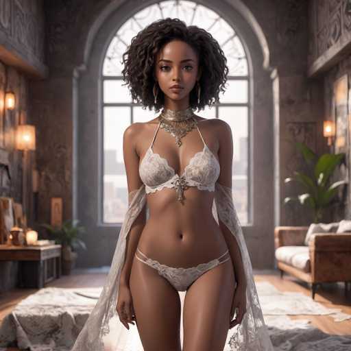 A woman with curly hair, wearing a delicate lace lingerie set and sheer shawl, stands centrally in a warmly lit room. The spatial relationship places her as the focal point, framed by an arched window offering a city view. The art style is detailed and realistic, with soft lighting emphasizing the textures of the fabric and her skin.