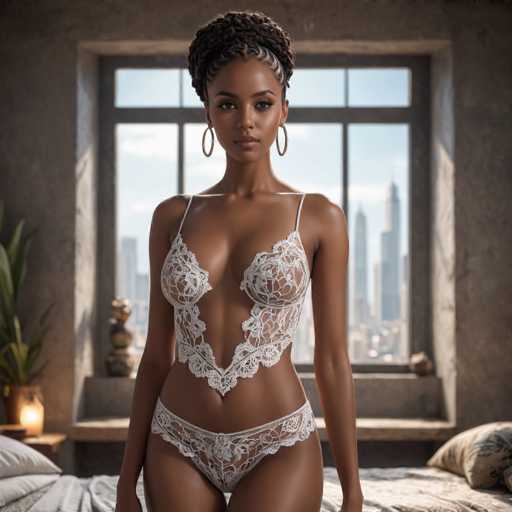 A woman is standing on a bed with her back facing the camera. She is wearing a white lace bra and panties, as well as a strapless white strapless bra. The room has a window that offers a view of a city skyline in the background.