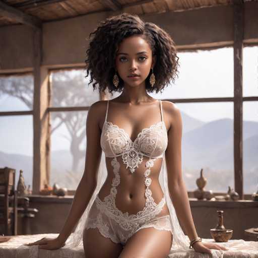 A woman with curly hair is seated at a table draped in white lace and wearing a white strapless bra and sheer white lingerie. She has her legs crossed and is looking directly at the camera. The background features a window overlooking mountains under a clear blue sky.