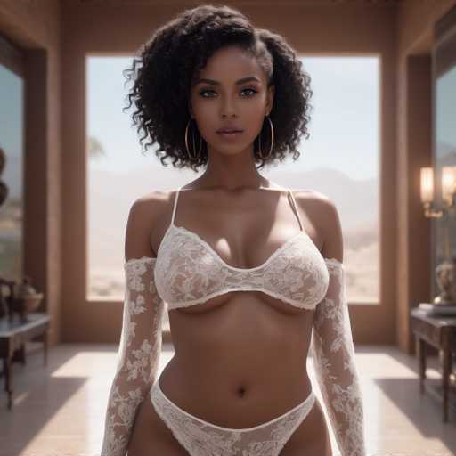 A woman with curly hair wearing a white lace bra and panties stands confidently against the backdrop of a room with a window that offers a view of mountains.