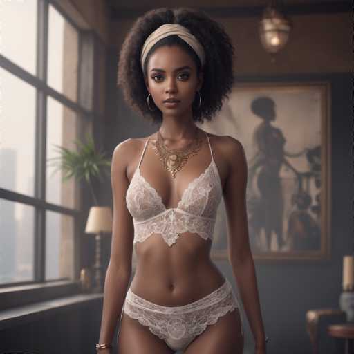 A woman with an afro hairstyle is standing in a room with large windows and a painting on the wall behind her. She is wearing a white lace bra top and matching underwear, as well as a gold necklace that adds a touch of elegance to her appearance. The room has a dark color scheme, creating a contrast with the woman's attire.
