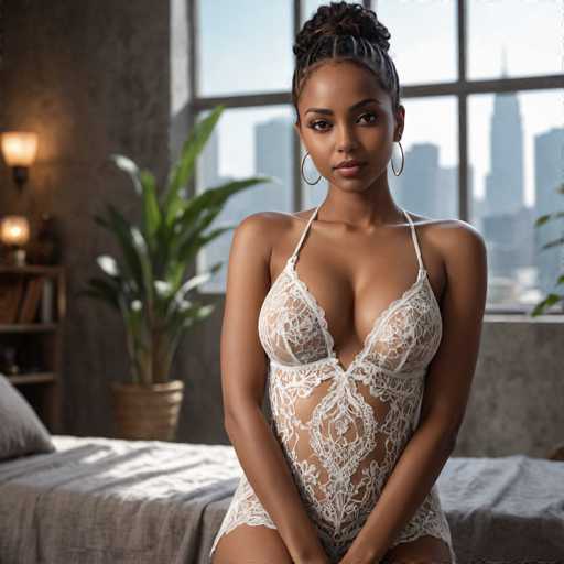 A woman is seated on a bed with her legs crossed and wearing a white lace dress that shows off her cleavage. She has dark hair styled in an updo and is looking directly at the camera. The room features a window overlooking a city skyline, and there are two potted plants visible - one near the window and another further away from it.