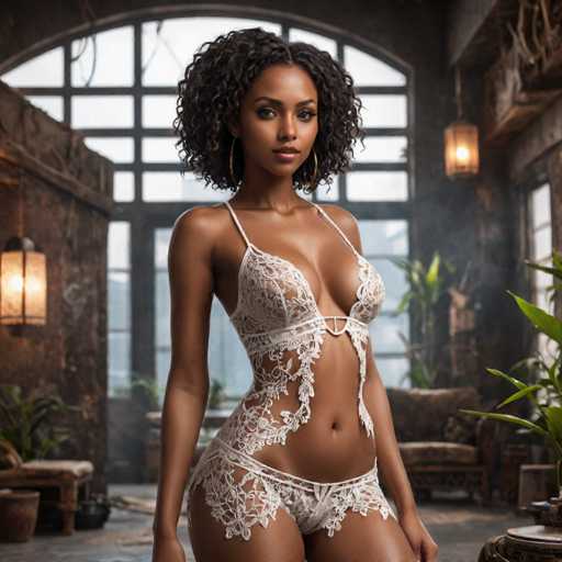 A stunning woman with curly hair and gold hoop earrings poses in a detailed, vintage-inspired setting. She wears an intricate white lace lingerie set, her body highlighted against a dimly lit backdrop of brick walls and large windows. The overall style is sensual and evocative, with soft lighting emphasizing the model's figure.