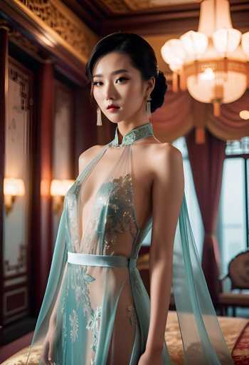 A woman is standing in front of a window with a chandelier and red curtains. She is wearing a blue dress that has a sheer design and a high neckline. The background features a wooden paneled wall with gold accents.