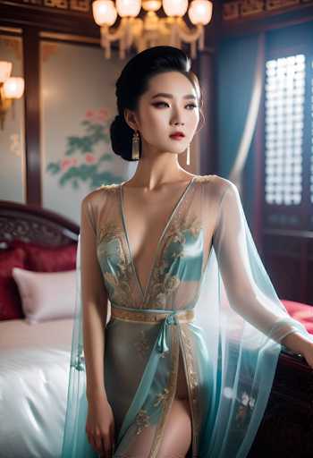 A woman in a teal, sheer gown with gold embroidery stands gracefully in an opulent, traditional Chinese bedroom. The spatial relationship places her as the central focus, with a richly detailed bed and ornate lighting creating a luxurious ambiance. The art style is elegant and evocative, emphasizing delicate details and soft lighting.