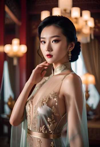 A stunning portrait of a beautiful woman in an elaborate, translucent gown with intricate gold embroidery. She has dark hair styled in an elegant updo and is wearing delicate earrings. Her makeup is glamorous, with bold red lipstick and defined eyes. She's looking directly at the viewer with a serene yet captivating expression, her hand gently touching her shoulder. The background is softly blurred, suggesting an opulent interior with warm lighting and ornate details. The overall style is reminiscent of a historical portrait, possibly inspired by traditional East Asian fashion.