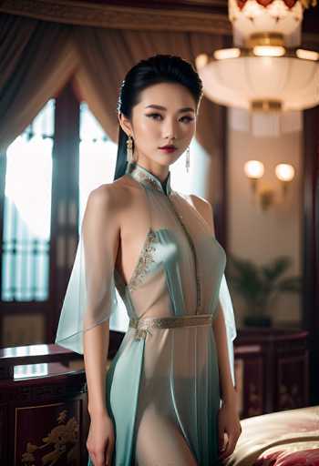 A stunning portrait of a woman in an elegant, light teal and gold traditional Chinese gown. The dress features sheer fabric with intricate gold embroidery on the bodice, a high mandarin collar, and flowing sleeves. She is wearing delicate dangling earrings that complement the gown's design. Her dark hair is styled in a sleek, high ponytail, and she has a serene yet captivating expression. The background is softly blurred, suggesting a luxurious room with ornate details like dark wooden furniture and soft lighting. The overall mood is one of grace, elegance, and timeless beauty.