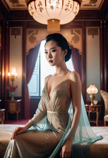 A woman in a flowing, sheer gown sits gracefully on a bed in an opulent room. The dress is a soft, muted teal color with intricate gold detailing and a deep V-neck. She has long, dark hair styled in an elegant updo with a subtle floral accent. Her expression is serene and her gaze is directed slightly to the left, creating a sense of quiet contemplation. The room's decor features rich, warm tones – deep reds and golds in the wallpaper and furniture – with ornate details like a large, decorative ceiling fixture. Soft light emanates from table lamps on either side of the bed, casting a warm glow on the scene. The overall atmosphere is one of luxury and tranquility.