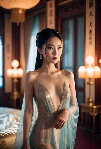 A stunning woman in a shimmering, sheer gown with intricate gold detailing is the central focus. She's positioned centrally, looking directly at the viewer in a luxurious, dimly lit room with ornate Chinese-inspired decor. The spatial relationship is intimate, emphasizing the woman's elegance and the opulent setting. The art style leans towards a romantic, slightly ethereal aesthetic with soft lighting and detailed textures.