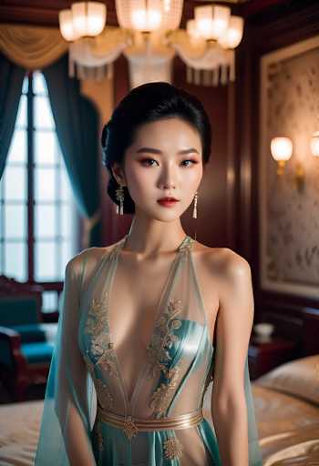 A stunning woman in an elegant teal gown with intricate gold detailing is the central focus, her gaze direct. She's positioned in a richly decorated room with ornate lighting and a blurred background, creating a soft, dreamy atmosphere. The art style leans towards a glamorous portrait with a focus on delicate lighting and sophisticated fashion.