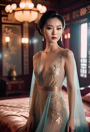 A stunning portrait of a young woman in an elaborate, ethereal gown. The dress is primarily a sheer, pale teal fabric with intricate gold embroidery, featuring a deep V-neck and a fitted bodice. A wide gold belt cinches the waist, and a flowing teal cape-like overlay drapes from the shoulders. She wears delicate gold earrings and her dark hair is styled in an elegant updo with a subtle floral embellishment. Her makeup is soft yet defined, highlighting her features with a focus on her eyes and lips. The background is softly blurred but suggests an opulent, traditional Chinese setting with warm lighting and ornate details like a golden chandelier. The overall mood is one of elegance, grace, and perhaps a touch of fantasy.