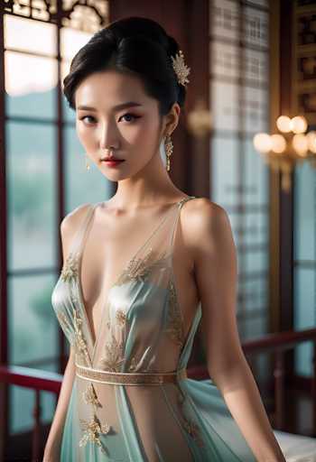 A stunning woman in an elegant, sheer teal gown with gold embellishments is the central focus. She gazes directly at the viewer, her expression serene yet captivating. The soft lighting and blurred background emphasize her figure, creating a dreamy, fashion-forward portrait with a touch of artistic beauty.
