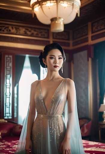 A woman in a shimmering, sheer gown with a deep V-neck stands elegantly in a richly decorated room. The focus is on her poised posture and the luxurious details of her dress, with a soft, dramatic lighting emphasizing the opulent setting. The art style leans towards a glamorous portrait, possibly inspired by historical or fantasy aesthetics.