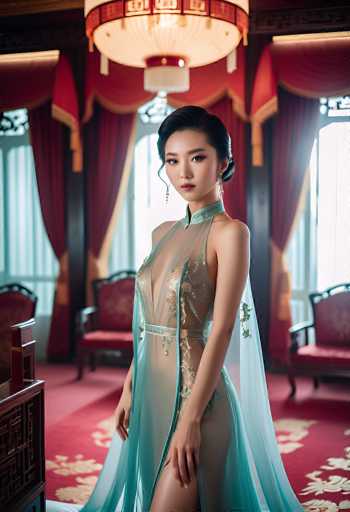 A stunning portrait of a young woman in an elaborate, sheer teal gown with gold embroidery, standing gracefully in a richly decorated room. The woman has dark hair styled in an elegant updo and is wearing delicate dangling earrings. She looks directly at the viewer with a serene expression. The room features red carpets, ornate dark wooden furniture, and large windows draped in heavy red curtains with gold accents. A traditional Chinese-style lantern hangs from the ceiling, casting a warm glow on the scene. The overall lighting is soft and dramatic, highlighting the woman's figure and the intricate details of her dress. The image has a high-fashion, artistic quality with a focus on elegance and cultural aesthetics.