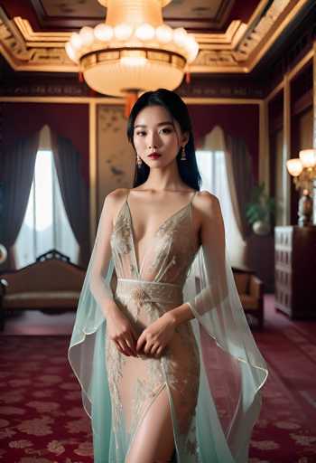 A stunning woman in a sheer, intricately detailed gown stands centrally in a lavishly decorated room. The spatial relationship places her as the focal point, with soft lighting highlighting her elegant pose and the ornate details of the gown. The art style is a blend of fashion portraiture and classical elegance, emphasizing sophistication and grace.
