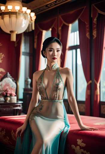 A woman is seated on a bed with her legs crossed and dressed in an elegant blue dress adorned with gold accents. The room features red walls and curtains, creating a warm and inviting atmosphere. A chandelier hangs from the ceiling, casting light onto the scene below.