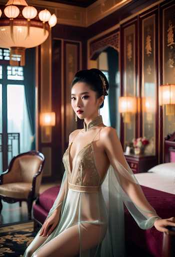 A woman in a luxurious, semi-sheer gown sits gracefully in an opulent room with intricate Chinese-inspired details. The woman is the focal point, her gaze directed slightly off-camera with a serene expression. Her hair is styled in an elegant updo, adorned with delicate gold accents. The gown features a shimmering gold bodice and sheer, flowing fabric, creating a sense of ethereal elegance. 

The room is richly decorated with dark wood paneling, ornate lanterns, and plush velvet furniture. Soft lighting casts a warm glow on the scene, highlighting the woman's figure and the intricate details of the room. The overall atmosphere is one of luxury, sophistication, and timeless beauty.