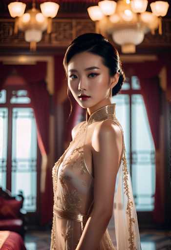 A stunning portrait of a young woman in an elaborate, sheer golden gown with intricate gold detailing. She is positioned in a dimly lit room with ornate Chinese-style architecture, featuring large windows draped with deep red curtains. The lighting is soft and dramatic, highlighting her elegant features and the delicate fabric of her dress. Her expression is serene yet captivating, with a direct gaze towards the viewer. The overall atmosphere is one of luxury and timeless beauty, reminiscent of traditional Chinese fashion.