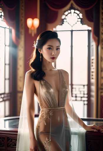 A stunning woman in a sheer, gold-embellished gown stands gracefully indoors. She's positioned near a window with ornate wooden frames, bathed in soft light. The art style is elegant and ethereal, emphasizing a sense of delicate beauty and subtle luxury with the focus on her poised posture and intricate details.