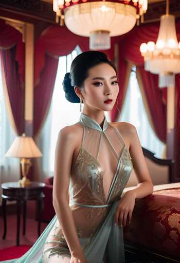 A stunning woman in a shimmering, sheer gown with intricate gold detailing is the central focus. She's positioned leaning against a richly patterned bed, her elegant pose and soft lighting creating a luxurious, intimate atmosphere. The art style is highly stylized, emphasizing glamour and sophistication with a focus on the subject's beauty.