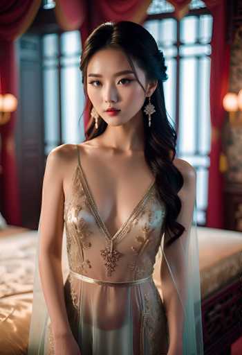 A stunning woman in an ornate, sheer gold gown with intricate detailing is centrally positioned against a softly blurred, opulent backdrop of a luxurious bedroom. Her dark hair cascades over her shoulders, and she gazes directly at the viewer with a serene expression. The art style is highly stylized, emphasizing elegance and a touch of fantasy.