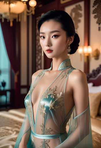 A stunning portrait of a young woman in an elaborate, sheer teal gown with intricate gold embroidery. The dress features a deep plunging neckline and flowing sleeves, revealing her shoulders and collarbone. Her dark hair is styled in an elegant updo, adorned with delicate gold earrings. She has a soft, serene expression and her makeup is subtly enhanced, highlighting her features with a focus on her eyes. The background is softly blurred, suggesting a luxurious, dimly lit room with ornate details like golden lamps and rich red curtains. The overall lighting is soft and warm, emphasizing the texture of the fabric and the woman's delicate features. The image has a dreamy, ethereal quality, with a focus on elegance and beauty.