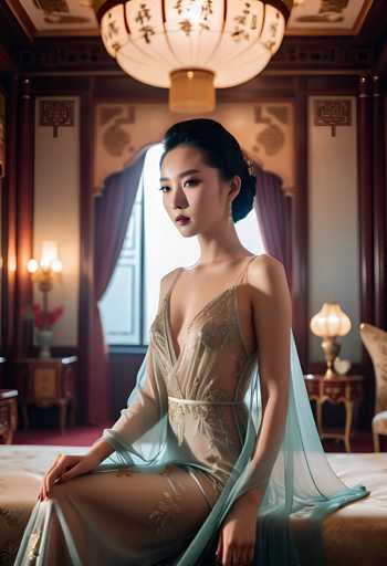 A woman is seated on a bed with her legs crossed and wearing a long, flowing dress that is predominantly blue and gold in color. The room has a high ceiling with a chandelier hanging from it, and the walls are painted white, creating an elegant and sophisticated atmosphere.