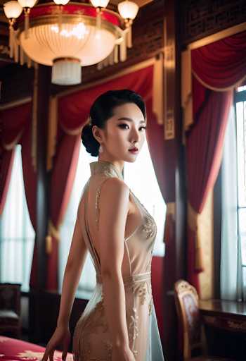 A woman in an elegant, sheer gold gown with intricate detailing stands gracefully in a richly decorated room. The spatial relationship places her as the central focus, framed by luxurious red and gold curtains and ornate lighting. The art style is a blend of traditional Chinese aesthetics with a modern, ethereal feel, emphasizing elegance and subtle glamour.