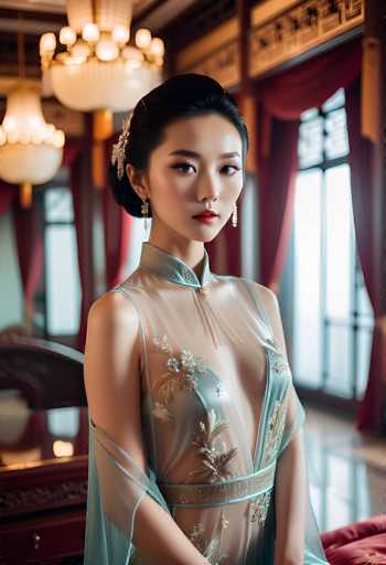 A stunning woman in a sheer, intricately embroidered teal gown commands attention in this portrait. She's positioned centrally, her gaze direct, against a softly blurred, opulent backdrop of rich red curtains and ornate gold details. The art style leans towards a blend of fashion photography and digital painting, emphasizing elegance and a touch of fantasy.