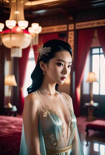 A woman in an elegant, sheer teal gown with gold embroidery is the central focus. She wears a delicate silver hairpiece and subtle jewelry, her gaze directed downwards. The opulent setting features rich red curtains and ornate golden details, bathed in soft light, creating a luxurious, slightly ethereal atmosphere. The art style leans towards a romantic, possibly digitally enhanced portrait.