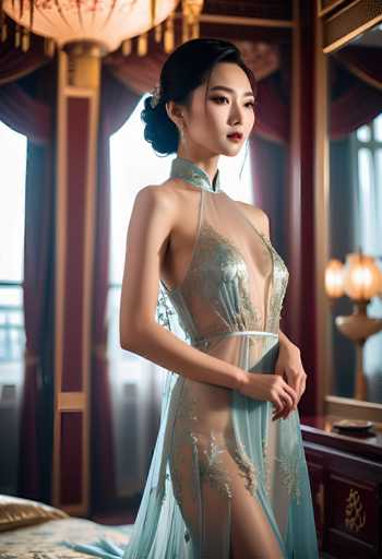 A woman in a sheer, ornate teal gown stands gracefully in an opulent room with rich red and gold accents. The focus is on her elegant pose, delicate jewelry, and the intricate details of her dress, bathed in soft light. The art style is a blend of fashion photography and digital artistry, emphasizing a luxurious and slightly ethereal atmosphere.
