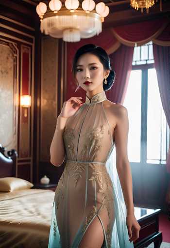 A woman in a sheer, ornate gown with gold embroidery stands elegantly in a luxurious, dimly lit room. The focus is on her poised posture and the intricate details of her dress, with a soft, dramatic lighting emphasizing the opulent setting. The art style leans towards a glamorous portrait, highlighting sophistication and elegance.