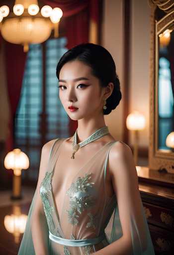 A portrait of a young woman in an elegant, sheer green gown with intricate floral detailing. She has long, dark hair styled in a sleek updo and is wearing delicate gold jewelry. Her makeup is subtle yet glamorous, with defined eyes and a bold red lip. She looks directly at the viewer with a serene expression. The background is softly blurred, suggesting a luxurious interior setting with warm lighting and ornate details like a chandelier and a gilded mirror. The overall mood is one of sophistication, elegance, and subtle mystery.