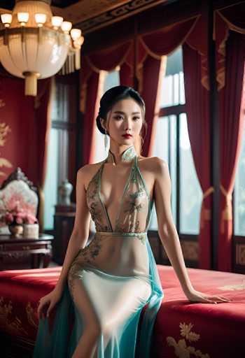 A stunning portrait of a woman in an elaborate, semi-sheer teal and gold gown, seated gracefully on a red velvet bed. The woman has long, dark hair styled in an elegant updo and is wearing delicate gold earrings. She gazes directly at the viewer with a serene expression, her lips painted a vibrant red. The background is richly decorated in traditional Chinese style, with ornate red curtains and golden accents. A large, intricately designed chandelier hangs above her, casting a warm glow on the scene. The overall atmosphere is one of elegance, sophistication, and timeless beauty.