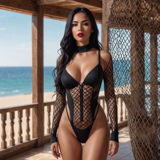 A woman is standing on a wooden porch with her back to the camera. She is wearing a black fishnet bodysuit and red lipstick. The background features a view of the ocean under a clear blue sky.