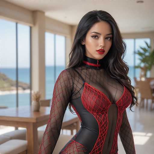 A woman with long, dark hair and striking makeup poses in a black and red mesh bodysuit. She's positioned centrally, looking directly at the viewer with a confident gaze. The background features a bright, modern room with large windows offering a view of a beach and ocean, creating a glamorous, fashion-focused aesthetic.
