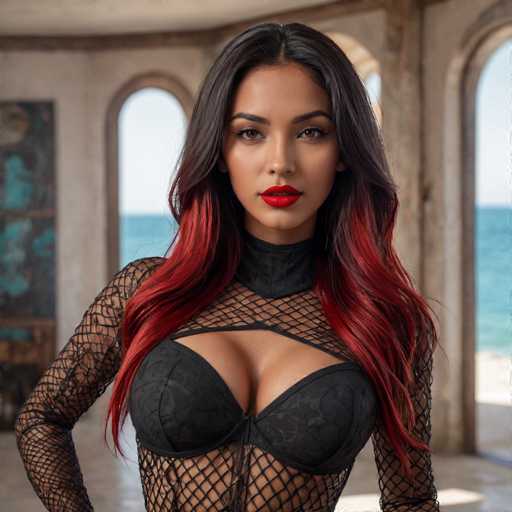 A stunning woman with long, dark hair featuring vibrant red highlights commands attention in a close-up portrait. She wears a black mesh bodysuit with a high neck and lace detailing, paired with bold red lipstick. The background is softly blurred, suggesting an indoor setting with arched windows and a glimpse of a bright ocean view. The art style is glamorous and intimate, focusing on the subject's confident gaze.
