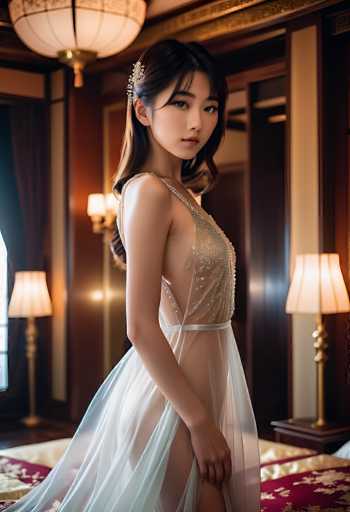 A young woman in a sheer, shimmering gown stands in an opulent room. The dress is predominantly white with delicate gold embellishments and a sheer, flowing skirt that reveals her legs. She has long, dark hair styled in soft waves and wears a subtle, sparkling headpiece. Her expression is serene yet captivating, with her gaze directed towards the viewer. The room features rich, dark wood paneling, ornate lamps, and a soft, warm lighting that enhances the luxurious atmosphere. The overall mood is one of elegance, mystery, and a touch of ethereal beauty.