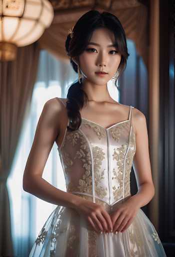 A young woman in an elegant, sheer gold and white gown with intricate detailing is the central focus. She's positioned centrally, hands gently clasped in front, against a softly blurred backdrop of draped curtains and warm lighting. The art style is a blend of fashion portraiture and soft, dreamy photography, emphasizing the subject's delicate beauty.