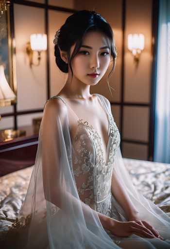 A young woman in a beautiful, ethereal white wedding gown sits on a bed. The dress is sheer and intricately embroidered with delicate floral patterns, revealing her shoulders and décolletage. She has long, dark hair styled in a sleek updo with subtle braids and delicate pearl accents. Her makeup is soft, emphasizing her large, expressive eyes. She looks directly at the viewer with a serene and slightly melancholic expression. The background is softly blurred, focusing on warm lighting from ornate wall sconces and a bedside lamp, creating a romantic and intimate atmosphere. The overall style is elegant and dreamlike, with a focus on soft lighting and subtle textures.