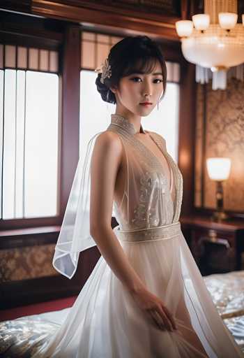 A young woman is standing in a room with a large window behind her. She is wearing a white dress that has a train trailing down the back and a veil on her head. The room features a chandelier hanging from the ceiling and a bed draped with a white comforter, creating an elegant atmosphere.