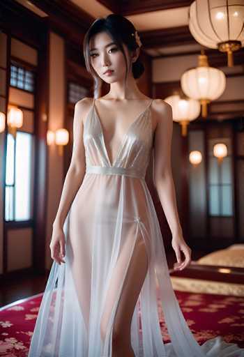 A stunning woman in a sheer, shimmering gown with a deep V-neck and delicate embellishments stands gracefully in a softly lit, traditional Chinese room. The focus is on her elegant pose and the flowing fabric, creating a dreamy, ethereal atmosphere with warm, muted tones. The spatial relationship emphasizes her central position within the intimate setting.