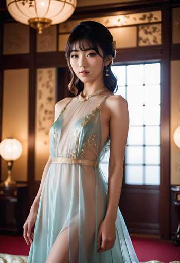 A young woman in a sheer, gold-embellished dress stands gracefully indoors. She's positioned centrally, with soft lighting highlighting her delicate features and the intricate details of her gown. The background features a warm, vintage-inspired setting with dark wooden panels and a soft glow from a table lamp. The overall style is elegant and ethereal, with a focus on subtle textures and soft shadows.