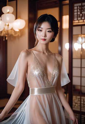 A young woman in a delicate, sheer white gown with gold embellishments and a matching belt is the central focus. She's positioned in a softly lit, elegant setting with ornate wooden panels and a glowing chandelier. The art style is soft and ethereal, emphasizing the woman's graceful pose and the flowing fabric of her dress.