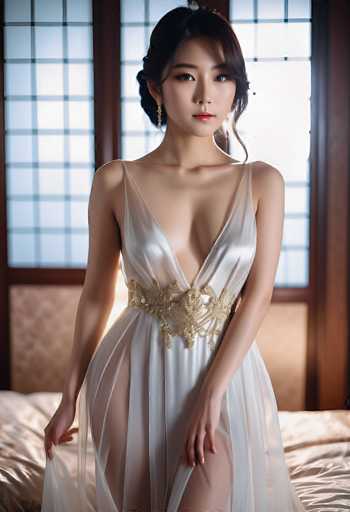 A woman in a sheer, white, low-cut dress with gold embellishments stands gracefully indoors. She's positioned centrally, her hands gently holding the fabric, with a soft, blurred background of a window and bed. The lighting is warm and creates a sensual, intimate atmosphere with a focus on the woman's delicate features.