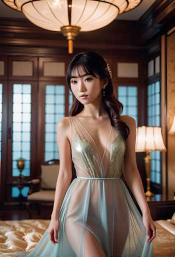 A young woman in a sheer, shimmering gown stands gracefully in a luxurious room. The focus is on her elegant pose and the soft lighting, creating a dreamy, intimate atmosphere. The art style leans towards fashion portraiture with a touch of fantasy, emphasizing delicate details and a serene aesthetic.